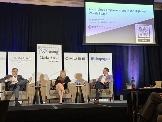 A panel of three people seated on stage discusses 'Technology Empowerment in the High Net Worth Space' at the CIPC Conference 2024. Behind them are sponsor banners for Private Client Select, MarketScout, Chubb, and Bishopsgate, along with a presentation screen.